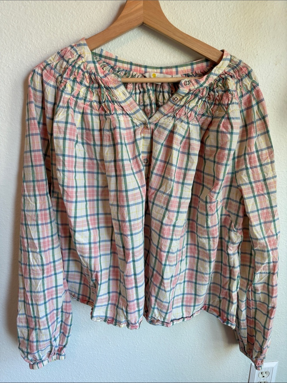 BODEN Blouse Pink Plaid Long Sleeve Smocked Flowy Plus 20 22